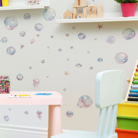 Ozean Thema Aquarell Wandtattoo Bunte Blasen Quallen Muscheln Seesterne Wasserdichte PVC Aufkleber Für Kinderzimmer Bad