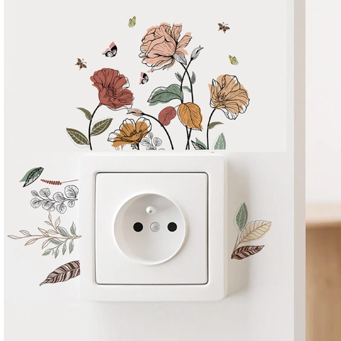 Adesivo per Interruttore con Fiori e Farfalle Dipinti a Mano Vinile in PVC Rimovibile Floreale per Soggiorno Camera da Letto Bagno