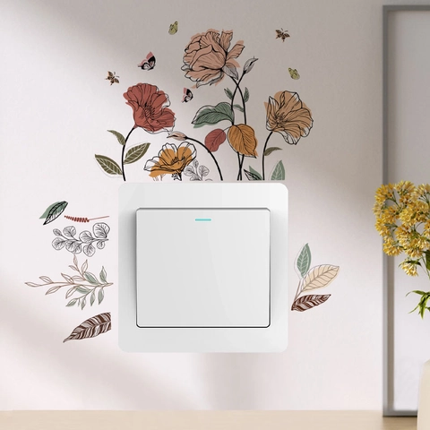 Adesivo per Interruttore con Fiori e Farfalle Dipinti a Mano Vinile in PVC Rimovibile Floreale per Soggiorno Camera da Letto Bagno