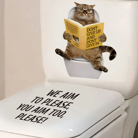 Pegatina de Inodoro de Gato Atigrado 3D Divertida Leyendo un Libro Calcomanía de Pared de PVC Impermeable para Decoración de Baño Mural