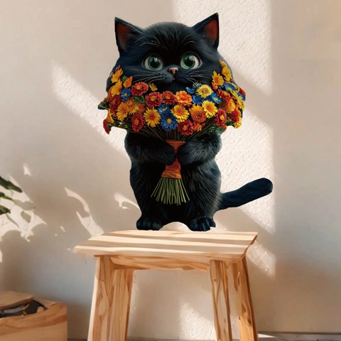 Linda Pegatina de Pared de Gato Negro Con Ramo de Margaritas Efecto 3D Dibujo Animado PVC Decoración Para El Hogar