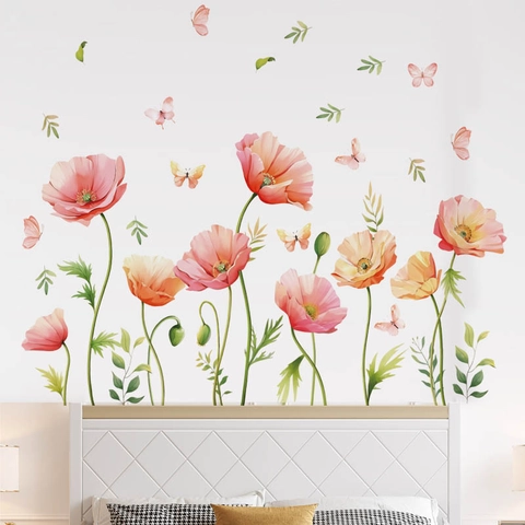 Pegatinas de Pared de Amapola Rosa y Mariposa Acuarela PVC Autoadhesivo Calcomanías Murales Florales Para Sala de Estar