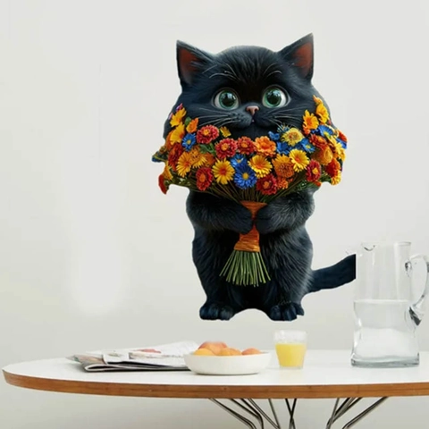 Linda Pegatina de Pared de Gato Negro Con Ramo de Margaritas Efecto 3D Dibujo Animado PVC Decoración Para El Hogar