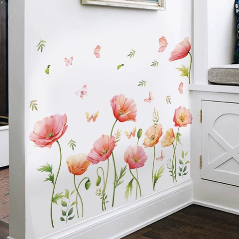 Pegatinas de Pared de Amapola Rosa y Mariposa Acuarela PVC Autoadhesivo Calcomanías Murales Florales Para Sala de Estar