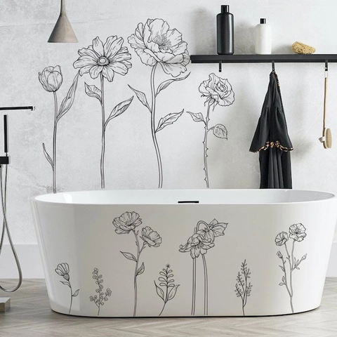 Adesivo da Parete con Fiori in Arte Lineare Nera PVC Rimovibile Decalcomanie Floreali Minimaliste per Bagno Vasca da Bagno Soggiorno