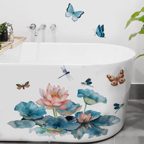 Pegatinas de Pared de Flor de Loto de Acuarela PVC Hoja Azul Rosa Floral Mariposa Calcomanías para Baño Hogar