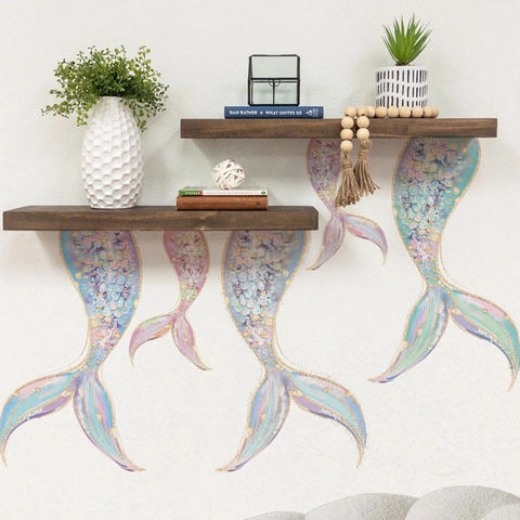 Meerjungfrau Schwanz Wandtattoo Farbverlauf Rosa Blau Gold Glitzer Fischschuppen PVC Wasserdicht Aufkleber Kinderzimmer Deko