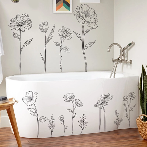 Adesivo da Parete con Fiori in Arte Lineare Nera PVC Rimovibile Decalcomanie Floreali Minimaliste per Bagno Vasca da Bagno Soggiorno