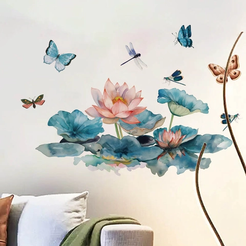 Pegatinas de Pared de Flor de Loto de Acuarela PVC Hoja Azul Rosa Floral Mariposa Calcomanías para Baño Hogar