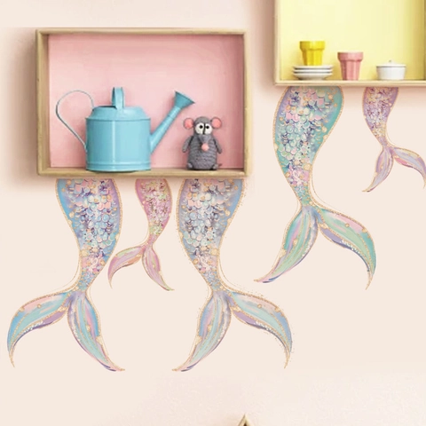 Meerjungfrau Schwanz Wandtattoo Farbverlauf Rosa Blau Gold Glitzer Fischschuppen PVC Wasserdicht Aufkleber Kinderzimmer Deko