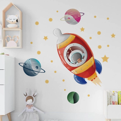 Cartoon Ruimte Raket Planeten Wandstickers Voor Kinderkamer Decor Cartoon Astronaut Beer PVC Verwijderbare Zelfklevende Galaxy Muurstickers