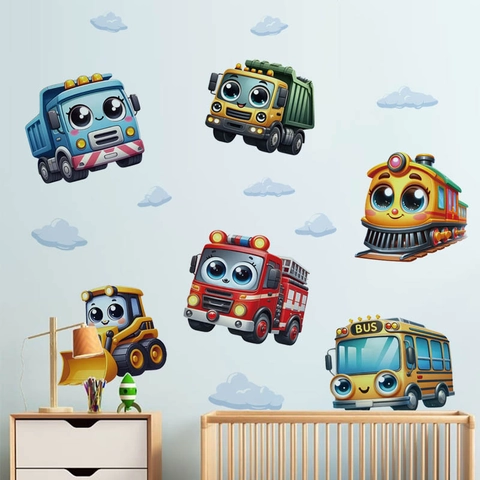 Cartoon Construction Vehicles Train Excavator Wall Stickers PVC Removable DIY Wall Decals For Kids Nursery Bedroom Decor