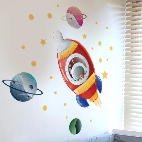 Cartoon Ruimte Raket Planeten Wandstickers Voor Kinderkamer Decor Cartoon Astronaut Beer PVC Verwijderbare Zelfklevende Galaxy Muurstickers