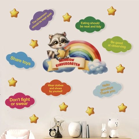 Cartoon Raccoon Rainbow Clouds English Slogan Wall Stickers For Kids Room Nursery Classroom Educational PVC DIY Wall Decals