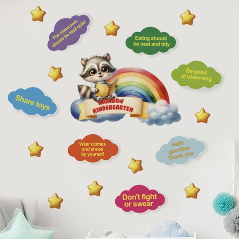 Cartoon Raccoon Rainbow Clouds English Slogan Wall Stickers For Kids Room Nursery Classroom Educational PVC DIY Wall Decals