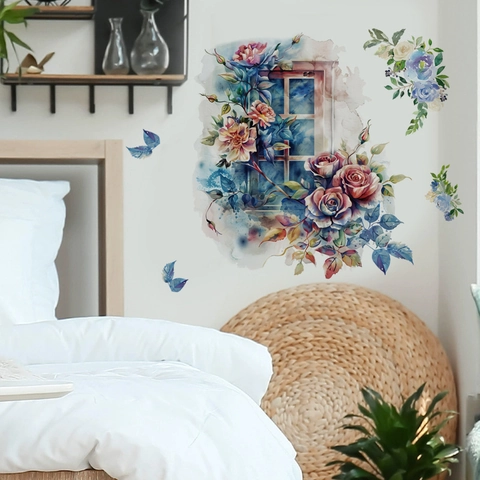 Aquarell Blumen Fenster-Optik Wandtattoo PVC Selbstklebend Abnehmbar Wandbild Für Schlafzimmer Wohnzimmer Hintergrund Deko