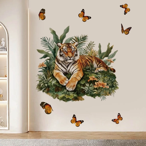 Adesivi Murali Tigre Acquerello Piante Tropicali Farfalla PVC Removibile Murales Animali Giungla Per Soggiorno Bagno Arredamento