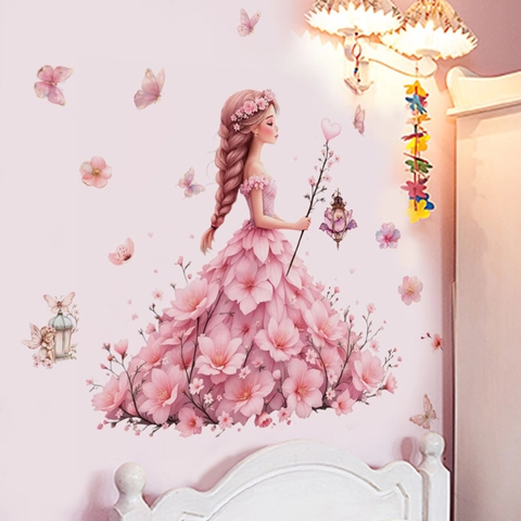 Rosa Blütenblatt Mädchen Schmetterling Wandaufkleber Ästhetische Fee Illustration PVC Selbstklebend Wandtattoo Für Kinderzimmer
