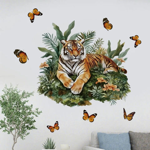 Adesivi Murali Tigre Acquerello Piante Tropicali Farfalla PVC Removibile Murales Animali Giungla Per Soggiorno Bagno Arredamento