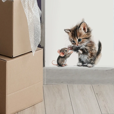 Schattige Kat En Muis Muursticker Aquarel Dier Toilet Stickers Waterdichte PVC Decoratie Voor Badkamer Keuken Thuis