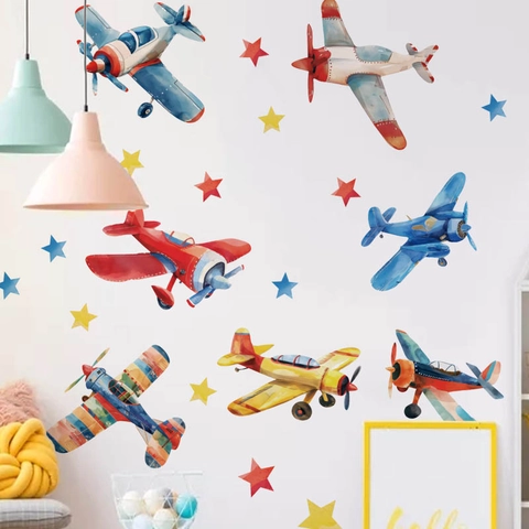 Watercolor Cartoon Airplane Stars Wall Sticker For Kids Room Bedroom Nursery Home Decor Removable PVC Wall Art Decor