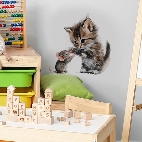 Schattige Kat En Muis Muursticker Aquarel Dier Toilet Stickers Waterdichte PVC Decoratie Voor Badkamer Keuken Thuis