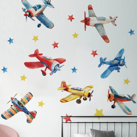 Watercolor Cartoon Airplane Stars Wall Sticker For Kids Room Bedroom Nursery Home Decor Removable PVC Wall Art Decor
