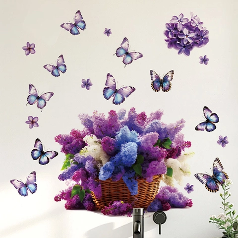 Entfernbare Lila Blumenkorb Schmetterling Wandsticker Wasserdichte PVC Home Wandtattoo Für Schlafzimmer Badezimmer Deko