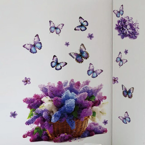 Entfernbare Lila Blumenkorb Schmetterling Wandsticker Wasserdichte PVC Home Wandtattoo Für Schlafzimmer Badezimmer Deko