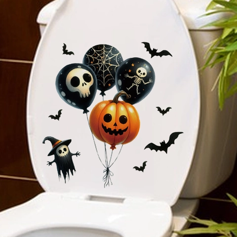 Halloween Kürbis Skelett Ballon Toilettenaufkleber Abnehmbar PVC Fledermaus Geist Badezimmer Wandtattoo Festliche Dekoration