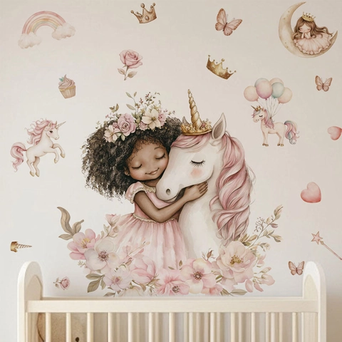Adesivi Murali Cartone Animato Unicorno Ragazza PVC Autoadesivi Rimovibili Per Camera Dei Bambini Decorazione Della Casa Stile Acquerello