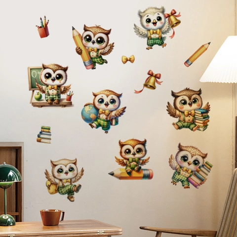 Pegatinas de Pared Educativas de Búho Animado para Habitación Infantil Aula PVC Removible Calcomanía de Pared Tema Escuela