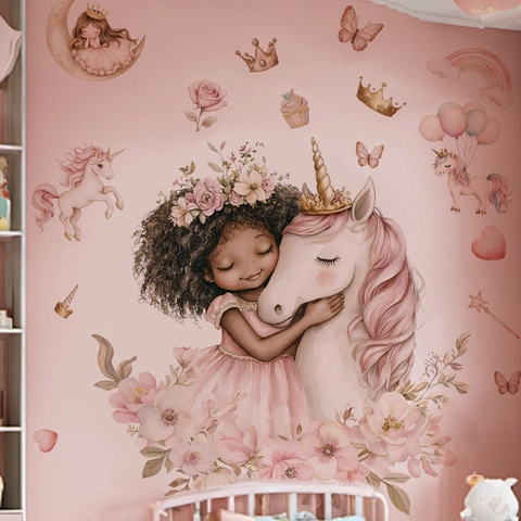 Adesivi Murali Cartone Animato Unicorno Ragazza PVC Autoadesivi Rimovibili Per Camera Dei Bambini Decorazione Della Casa Stile Acquerello