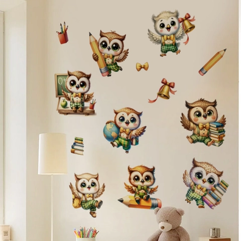 Pegatinas de Pared Educativas de Búho Animado para Habitación Infantil Aula PVC Removible Calcomanía de Pared Tema Escuela
