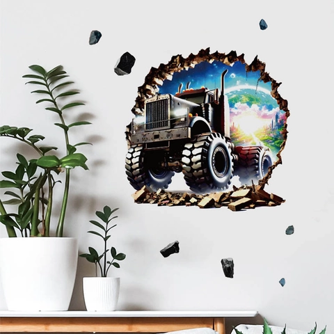 3D Monster Truck Broken Wall Sticker PVC Removable Decal For Kids Room Bedroom Sci-Fi Space Creative Wall Decor