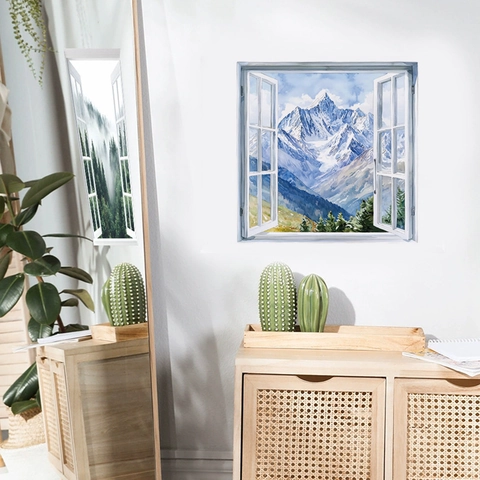 Adesivo da Parete 3D Falsa Finestra Paesaggio di Montagna Innevata Murale in PVC Removibile per Decorazione Casa Soggiorno Camera da Letto