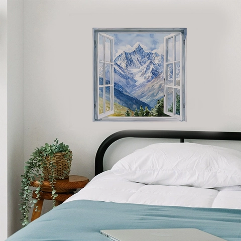 Adesivo da Parete 3D Falsa Finestra Paesaggio di Montagna Innevata Murale in PVC Removibile per Decorazione Casa Soggiorno Camera da Letto