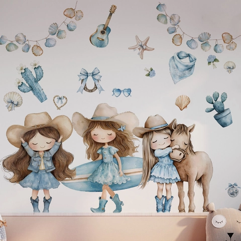 Watercolor Cowboy Girl Wall Stickers For Kids Room Bedroom Decor Removable PVC Cartoon Horse Cactus Guitar Wall Art Decals