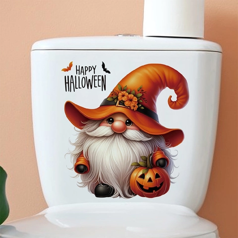 Halloween Gnome Toilet Sticker Cartoon Gnome With Pumpkin Bat Happy Halloween Waterproof PVC Wall Decal For Bathroom Decor