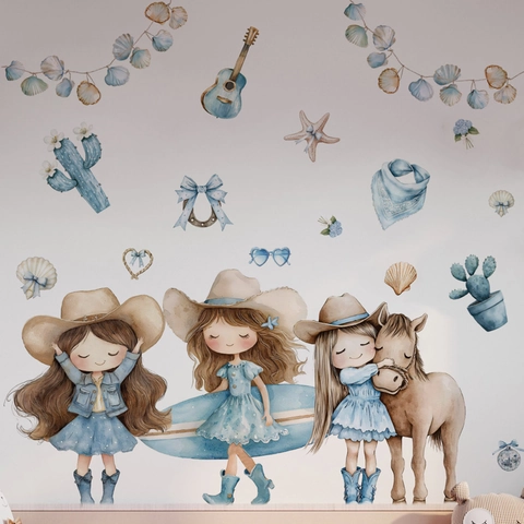 Watercolor Cowboy Girl Wall Stickers For Kids Room Bedroom Decor Removable PVC Cartoon Horse Cactus Guitar Wall Art Decals
