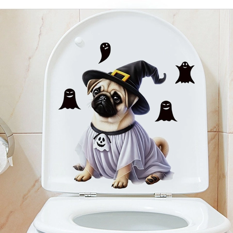 Pegatina de Inodoro Perro Pug Fantasma Halloween Impermeable PVC Calcomanía de Pared para Baño Nevera Decoración de Hogar Fiesta