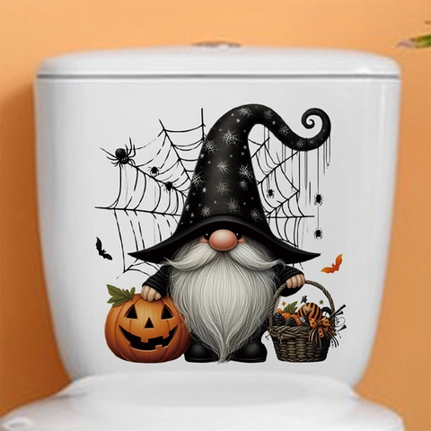 Sticker Toilettes Gnome Citrouille de Dessin Animé Halloween Autocollants Muraux Salle de Bain PVC Décoration de Maison