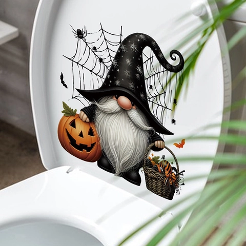 Sticker Toilettes Gnome Citrouille de Dessin Animé Halloween Autocollants Muraux Salle de Bain PVC Décoration de Maison