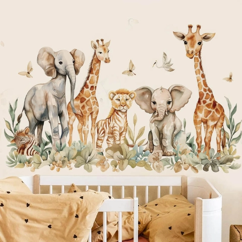 Aquarell Tier Wandaufkleber Für Kinderzimmer Selbstklebende PVC Dschungel Elefant Giraffe Zebra Löwe Dekor DIY Kunst Wandbild