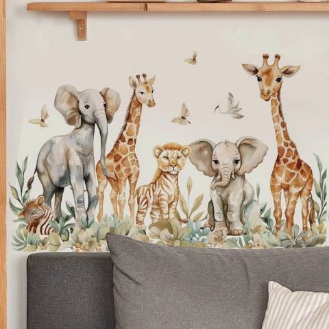Aquarell Tier Wandaufkleber Für Kinderzimmer Selbstklebende PVC Dschungel Elefant Giraffe Zebra Löwe Dekor DIY Kunst Wandbild