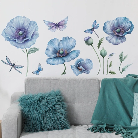 Blue Floral Wall Stickers PVC Removable Watercolor Flower Butterfly Dragonfly Decals For Living Room Bedroom Bathroom Home Decor