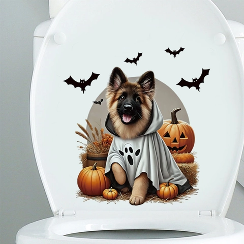 Pegatina De Inodoro De Halloween Pastor Alemán Con Capa Calabaza Murciélago Baño PVC Decorativo Autoadhesivo Calcomanía De Pared