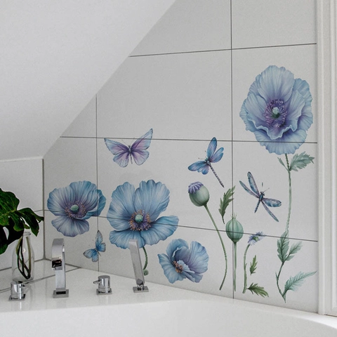 Blue Floral Wall Stickers PVC Removable Watercolor Flower Butterfly Dragonfly Decals For Living Room Bedroom Bathroom Home Decor