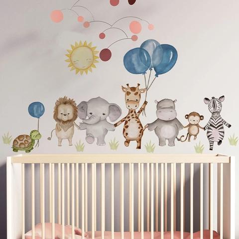 Watercolor Forest Animals Wall Stickers Lion Elephant Giraffe Nursery Decor PVC DIY Cartoon Animal Balloon Wall Decal Set