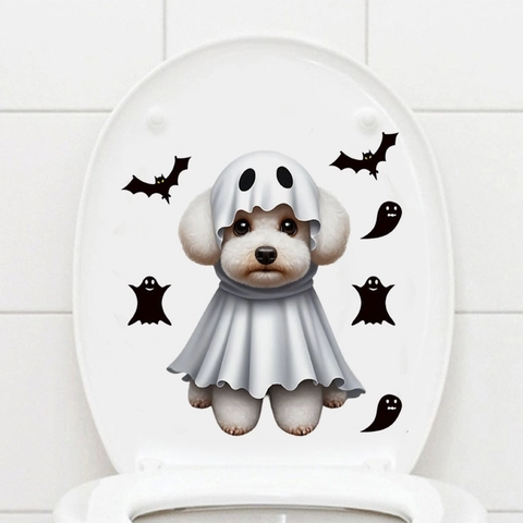Autocollant de Toilette Halloween Chien Fantôme Chauve-souris Imperméable PVC pour Salle de Bain Déco Maison Auto-adhésif Mural